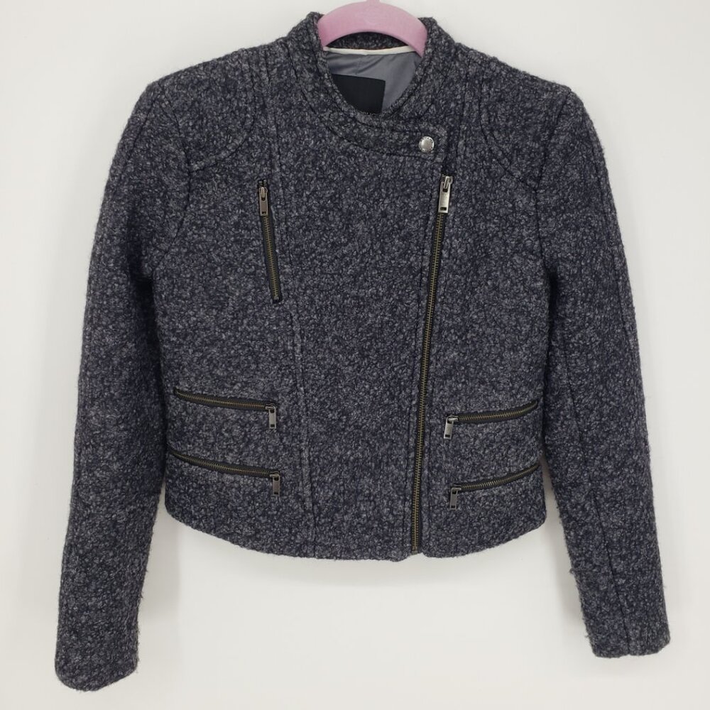 Banana Republic Boucle Tweed Asymmetrical Zip‎ up Moto Jacket 0P  Gray Black